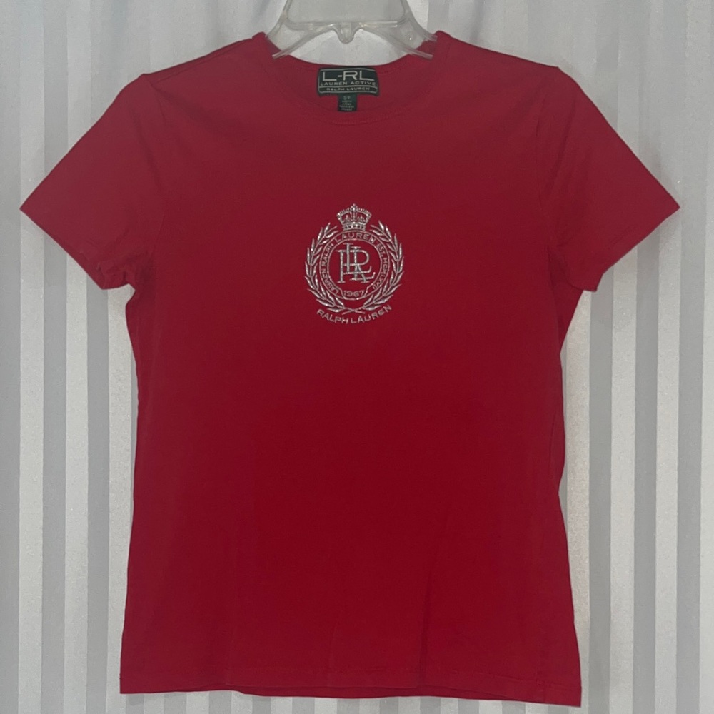 Ralph Lauren L–RL Lauren Active Red Tee with Centered Silver Crest Embroidered